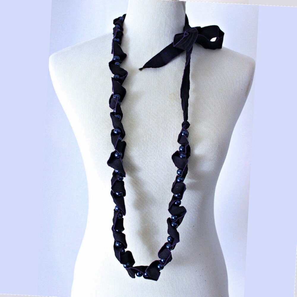 Vintage LANVIN x Alber Elbaz Purple Faux Pearl & Grosgrain Ribbon Necklace